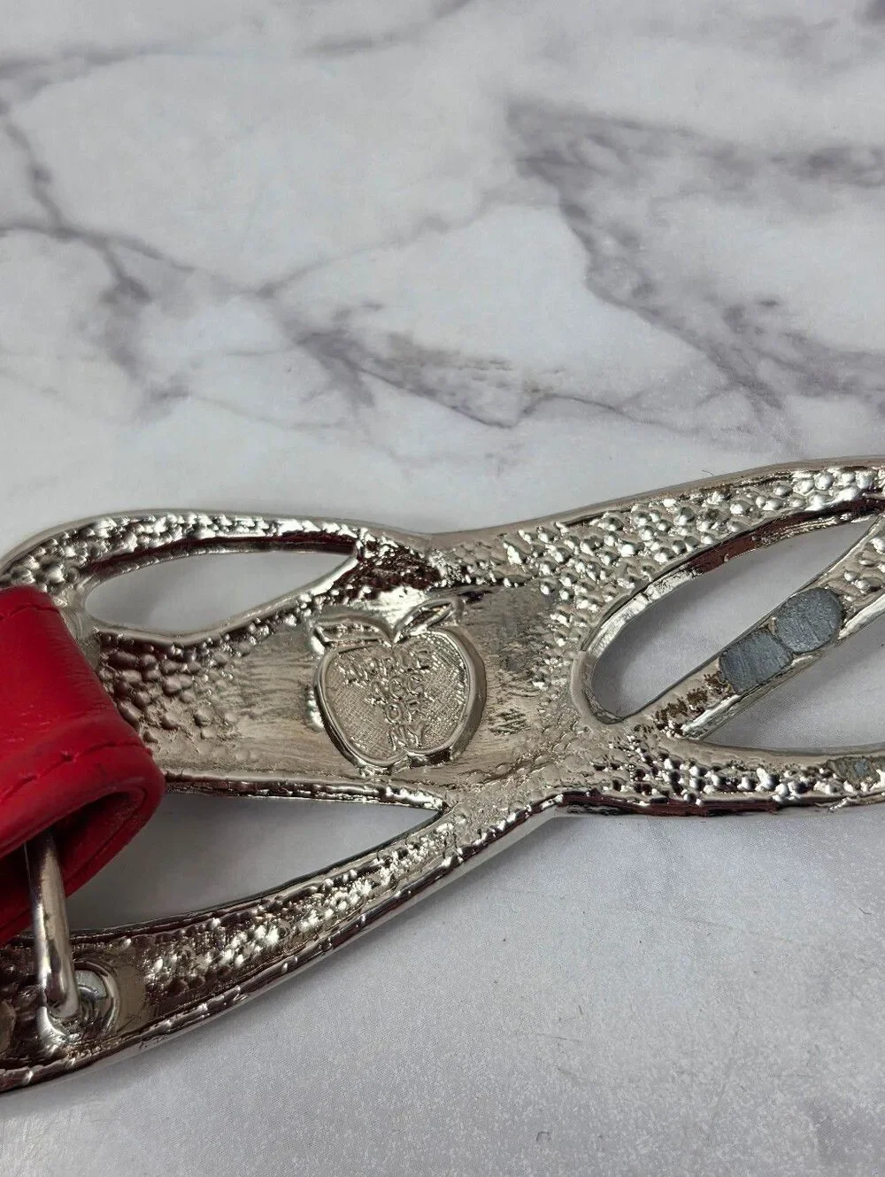 Vintage 80s Red Leather Belt with Silver Tone Etheral Knot Buckle